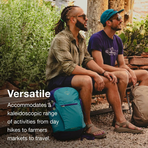 Two men sitting outdoors with Daylite Plus Commuter Backpack Lightweight Everyday Carry For Work School And Travel With Padded Laptop Sleeve