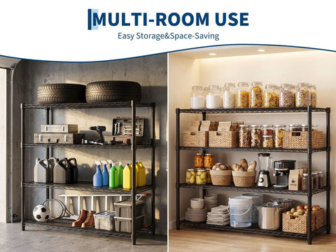 Heavy Duty Four Tier Wire Shelving Rack For Garage And Home Office Hella Sturdy Metal Storage Shelf displaying tools and kitchen supplies.