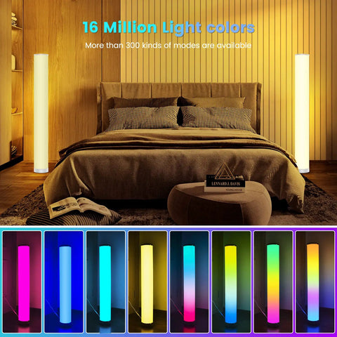 Bedroom with 2 Pack RGB Corner Floor Lamps With Smart App Control, Dope Modern Dimmable LED Mood Lighting That Syncs To Music