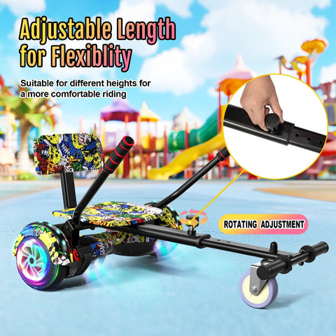 Self Balancing Scooter Seat Attachment With Go Kart For Kids Teens And Adults LED Lights Bluetooth Built In Adjustable Frame Fits 72 To 85 Cm For All Sizes Easy Mount Safe Fun Ride showing adjustable length mechanism.
