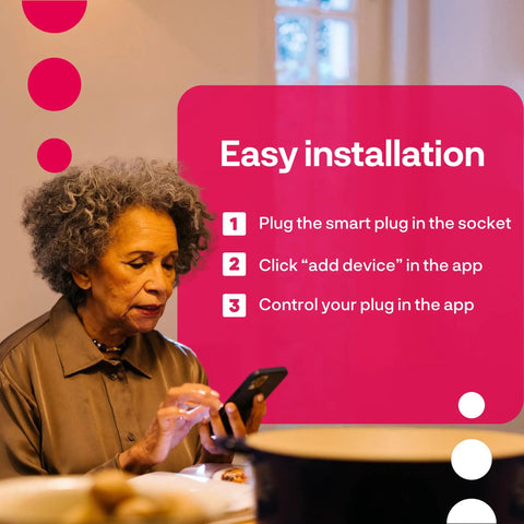 Woman using phone with Zigbee Smart Plugs 2-Pack For Home Automation That Plays Nice With Philips Hue Alexa And SmartThings instructions