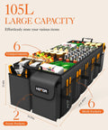 Foldable Trunk Organizer For SUVs And Sedans With Six Compartments And Mesh Pockets Keeps Groceries Tools And Sports Gear Neatly Tidy Durable Black Car Accessory That Shrugs Off Clutter And Fits Wide Trunk Spaces, image showing organizer with packed groceries and tools