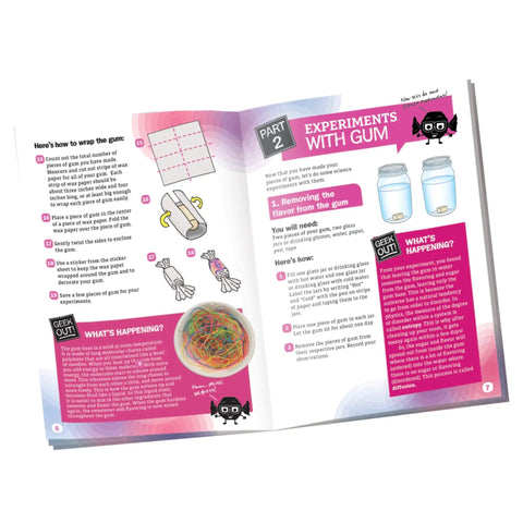 Bubble Gum Lab Kit For Kids Totally STEM Science Experiment And Activity Set Make Your Own Bubble Gum In Three Flavors Watermelon Orange Classic Learn About Elastic Materials Includes Food Grade Ingredients And Fun Stickers booklet pages with gum experiments and wrapping steps