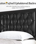 Modern Queen Bed Frame With Upholstered Diamond Tufted Headboard And Rock Solid Metal Slats For Dead Quiet Rest Spacious Under Bed Storage No Box Spring Needed Fast Clip Setup Black, close-up of button tufted black faux leather headboard.