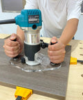 Game Changing Clear Acrylic Router Base Plate Compatible With RT0701C And XTR01Z 6 By 10 Inch Wide Base in use on wood