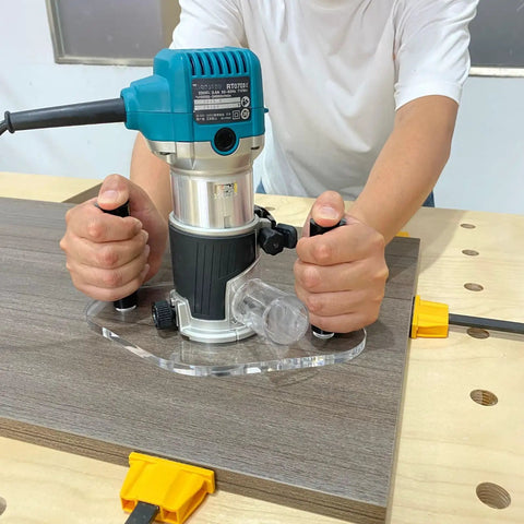 Game Changing Clear Acrylic Router Base Plate Compatible With RT0701C And XTR01Z 6 By 10 Inch Wide Base in use on wood