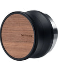 Top Tier 51mm Coffee Gravity Distributor For Espresso Portafilters with black and wood finish, designed for uniform puck leveling.