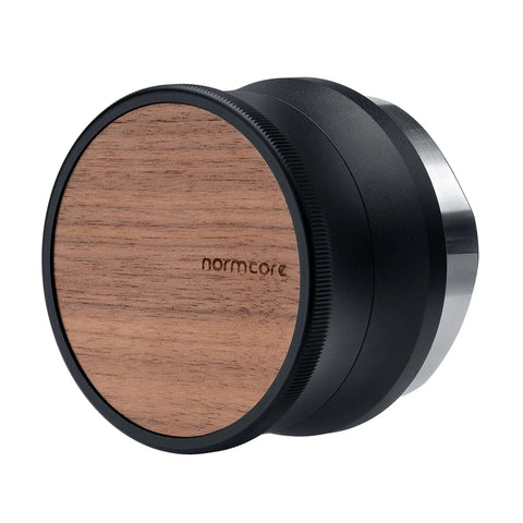 Top Tier 51mm Coffee Gravity Distributor For Espresso Portafilters with black and wood finish, designed for uniform puck leveling.