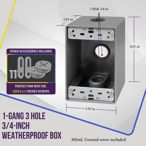 Weatherproof Outdoor Outlet Box With Three Quarter Inch Threaded Holes, One Gang Metal Electrical Box For Outdoor Receptacles