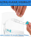 Person peeling protective film off 200 Pack Face Shields With Glasses Frames Anti Fog Full Face Protection PET Plastic