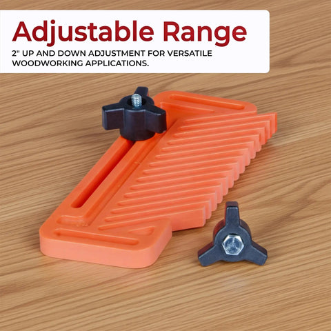Rock Solid Table Saw Featherboard Replacement For 71553 Fence Keeps Timber Dead Nuts Secure Pack Of 2 Orange Polymer Workpiece Clamp Mounts With Height Adjustment Knobs and Hex Hardware showing adjustable height knob.