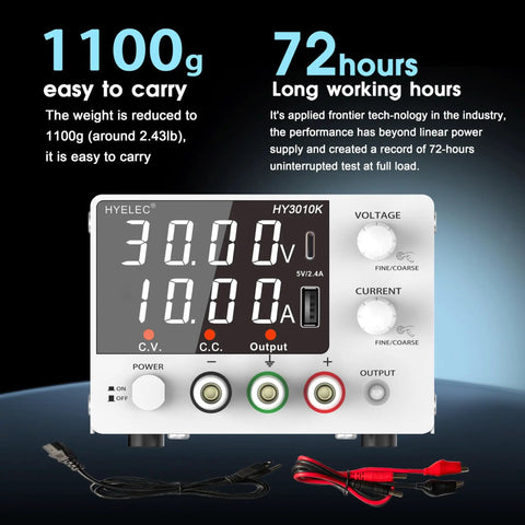 Adjustable DC Power Supply 0 To 30V 0 To 10A With Encoder Knob and 4 Digit LED Display, showing front panel and cables