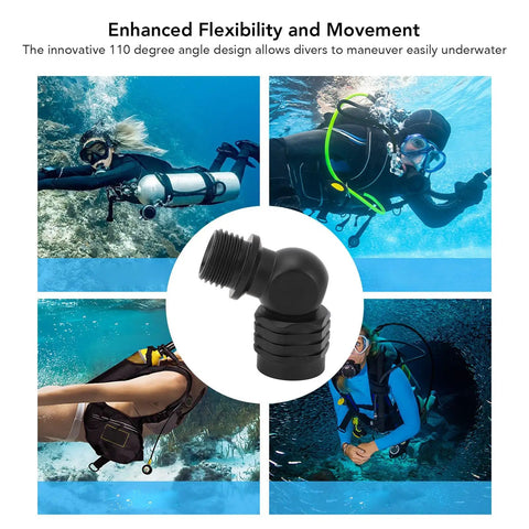 Four divers using Diving Regulator Adapter For Second Stage Connector With 110 Degree Swivel Hose for secure air flow underwater.