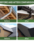 Before and after image comparison showing roof gutters and shingles, showcasing durability with Rock Solid Roof Waterproof Sealant And Liquid Rubber Coating For EPDM Metal Roofs RV Shelters And Concrete Repair With No Sweat Application And Tough As Nails Durability In One Gallon White Bucket.