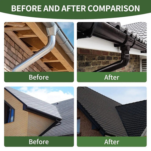 Before and after comparison of roofing, showing improved appearance and protection on concrete and metal surfaces.