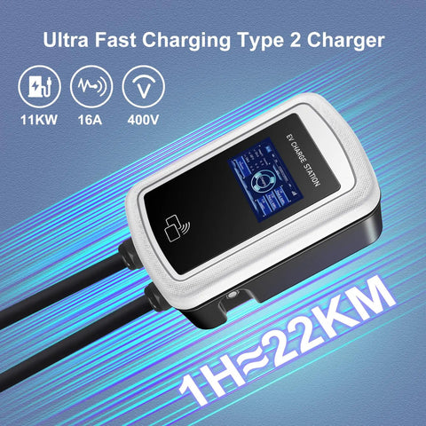 Level 2 EV Charger 240V 32A With WiFi App Control Smart EVSE Hardwired Easy Install 25Ft Cable RFID Access Card shown