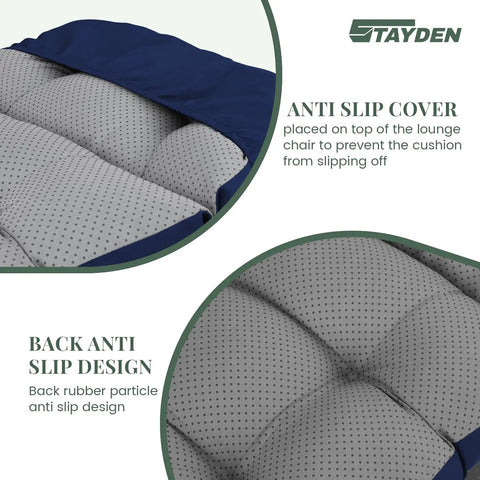 Close-up of blue and gray All-Weather Outdoor Lounge Chair Cushions With Ties For Patio Furniture Replacement Waterproof Pool Chaise Cushions 4.7 Inch Thick showing anti-slip design.