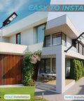 60W Solar Street Light Outdoor With 6000 Lumens LED Flood Brightness, pole and wall mount installation shown on house exterior