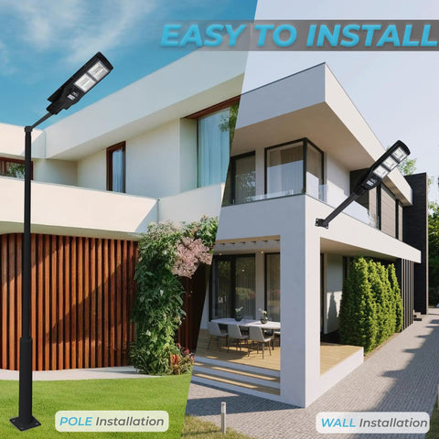 60W Solar Street Light Outdoor With 6000 Lumens LED Flood Brightness, pole and wall mount installation shown on house exterior