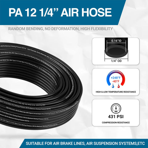 Heavy Duty One Quarter Inch DOT SAE J844 PA12 Nylon Air Line Tubing 50 Foot Black Pneumatic Hose coiled with specs