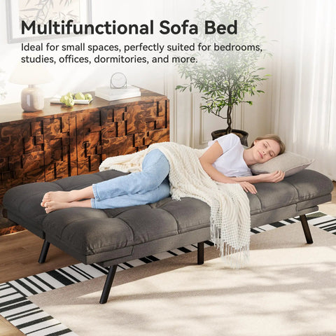 Woman sleeping on Convertible Futon Sofa Bed In Grey Linen With Detachable Cushions, Adjustable Backrest And Armrest