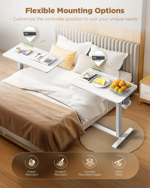 Yolezo 24 By 16 Inch Electric Overbed Table With Rolling Wheels And Smooth Height Adjustment Up To 47 Inches, White Laptop Desk For Bed shows customizable controller positions with food and books.
