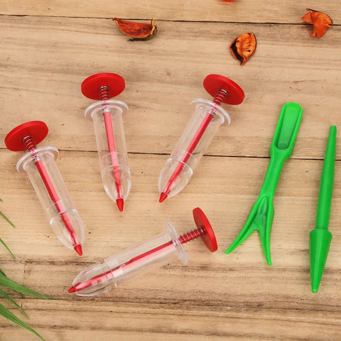 Mini Seed Spreader Set For Tiny Seeds And Seedlings, Handheld Sower With Dibber And Widger, 6 Piece Garden Kit on wood surface