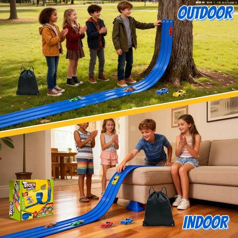 Epic 20 Ft Flexible Race Track Set for Kids With 3 Lane Ramp in outdoor park and indoor living room settings.