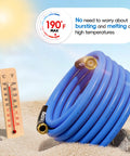 SPECILITE blue garden hose, 50 ft x 5/8 in, rubber hose with 3/4 brass fittings, coiled on sand