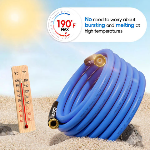 SPECILITE blue garden hose, 50 ft x 5/8 in, rubber hose with 3/4 brass fittings, coiled on sand