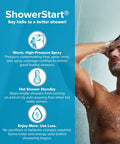 Man enjoying a shower with multifunction shower head with ShowerStart technology for high pressure massage and full body spray.