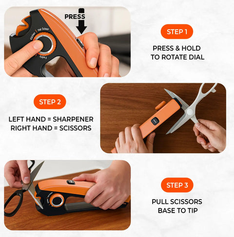 How-to guide using 4 Angle Scissors Sharpener for kitchen, fabric, hair, and craft with enclosed slot guide for right-hand use.