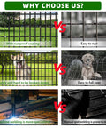 Comparison of rustproof garden fence panels versus rust-prone panels, with dogs behind fences, emphasizing durability and superiority of welding.