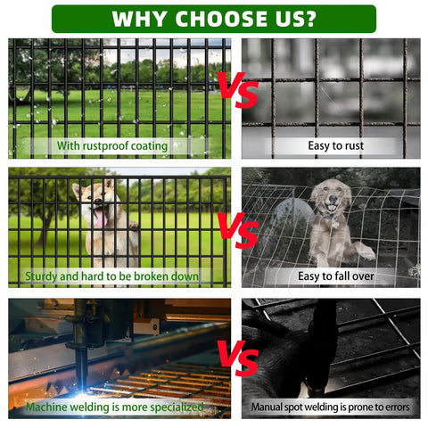 Comparison of rustproof garden fence panels versus rust-prone panels, with dogs behind fences, emphasizing durability and superiority of welding.