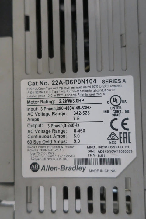 PowerFlex 4 VFD Motor Drive For 3HP 460V AC Systems, 0-460V Output, 48-63 Hz Input, label with specifications