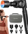 Woman using Heat And Cold Therapy Massage Gun With Deep Tissue Percussion For Muscle And Neck Pain Relief, 32 Speeds, accessories visible.