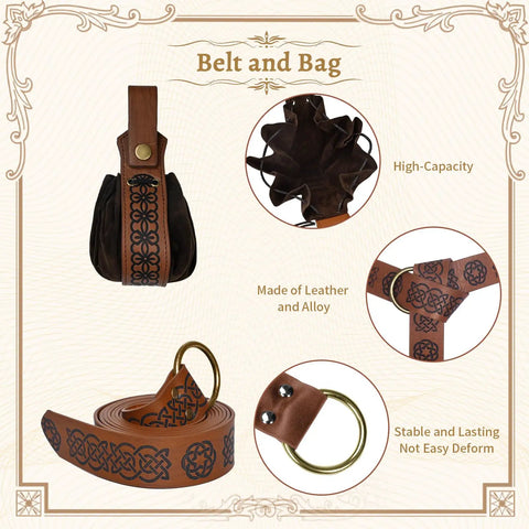 Dope Renaissance Belt Set With Leather Arm Guards And Sword Sheath Adjustable Waist Bag Viking Style Medieval Gear For Cosplay Or LARP Four Pouch Brown Costume Accessory Kit showing leather detail and alloy buckle.