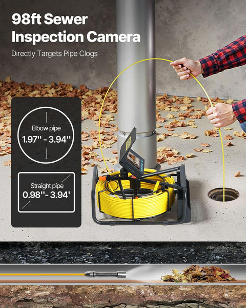 Pro Grade Sewer Camera With Crisp 4.3 Inch Screen And 98 Foot Cable for targeting clogs with yellow cable in a drainage system.