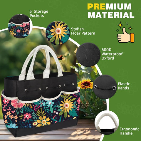 Heavy Duty Gardening Tools Set For Women 22 Pieces With Tote Bag featuring floral pattern, storage pockets, and ergonomic handle.
