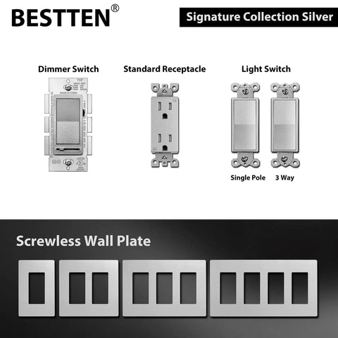Matte Silver Dimmer Switch Kit, 10 Pack, Single Pole or 3 Way, with standard receptacle and screwless wall plate display