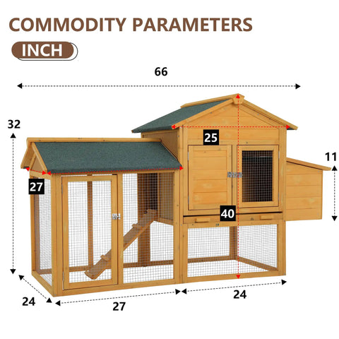 66 Inch Wooden Chicken Coop Indoor Outdoor For 2 To 4 Hens Weatherproof Hen House Hangout dimensions illustration