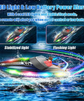 RC Boat With LED Lights For Pools And Lakes, remote control showing stabilized and flashing light modes on the water