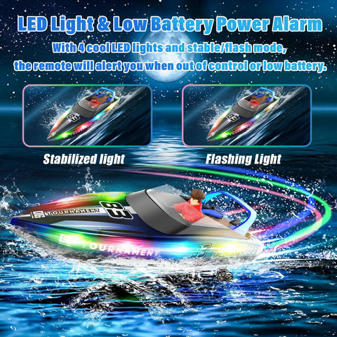 RC Boat With LED Lights For Pools And Lakes, remote control showing stabilized and flashing light modes on the water