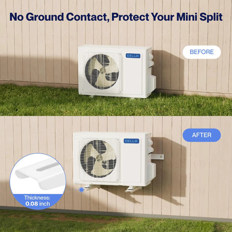 Heavy Duty Outdoor Wall Mount Bracket for ductless mini split systems 6000 to 36000 BTU supports up to 485 lbs, before and after installation