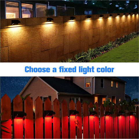 8 Color Solar Fence Lights Kit With 4 Modes illuminating backyard fence in warm and red tones, outdoor wall lighting shown at night