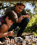 Father and son examining Real Animal Specimens In Resin Taxonomy Kit For Science Class And Homeschool in nature.