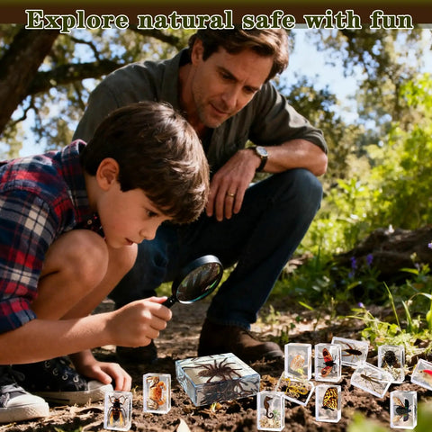 Father and son examining Real Animal Specimens In Resin Taxonomy Kit For Science Class And Homeschool in nature.