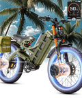 Beast Mode 60V 80Ah Dual Motor Electric Fat Tire Bike with rugged design, fat tires, and digital display in tropical setting.