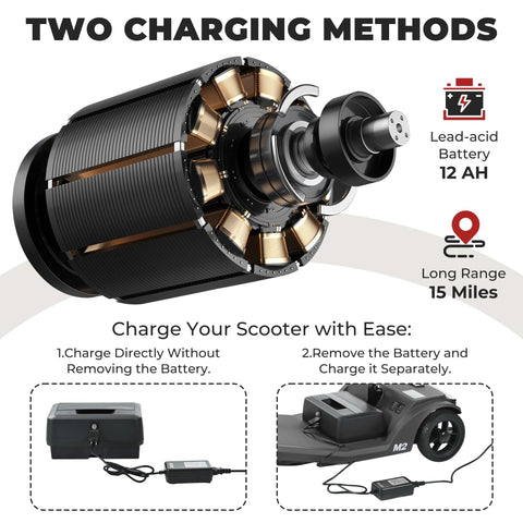 Metro Mobility four-wheel powered mobility scooter motor cutaway in black with two charging method diagrams.