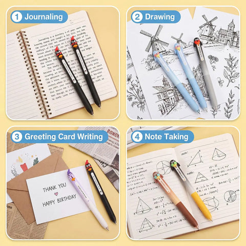 16 Penguin Pens With 0.5mm Retractable Tips used for journaling, drawing, card writing, and note taking on various notebooks and papers.